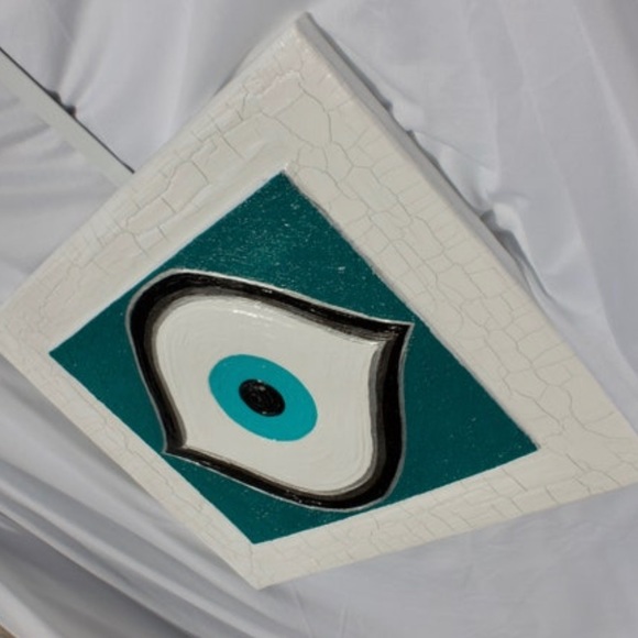 Evil Eye 16x20 Distressed Teal Blue Painting on Stretched Stapled Canvas Custom - Picture 3 of 5